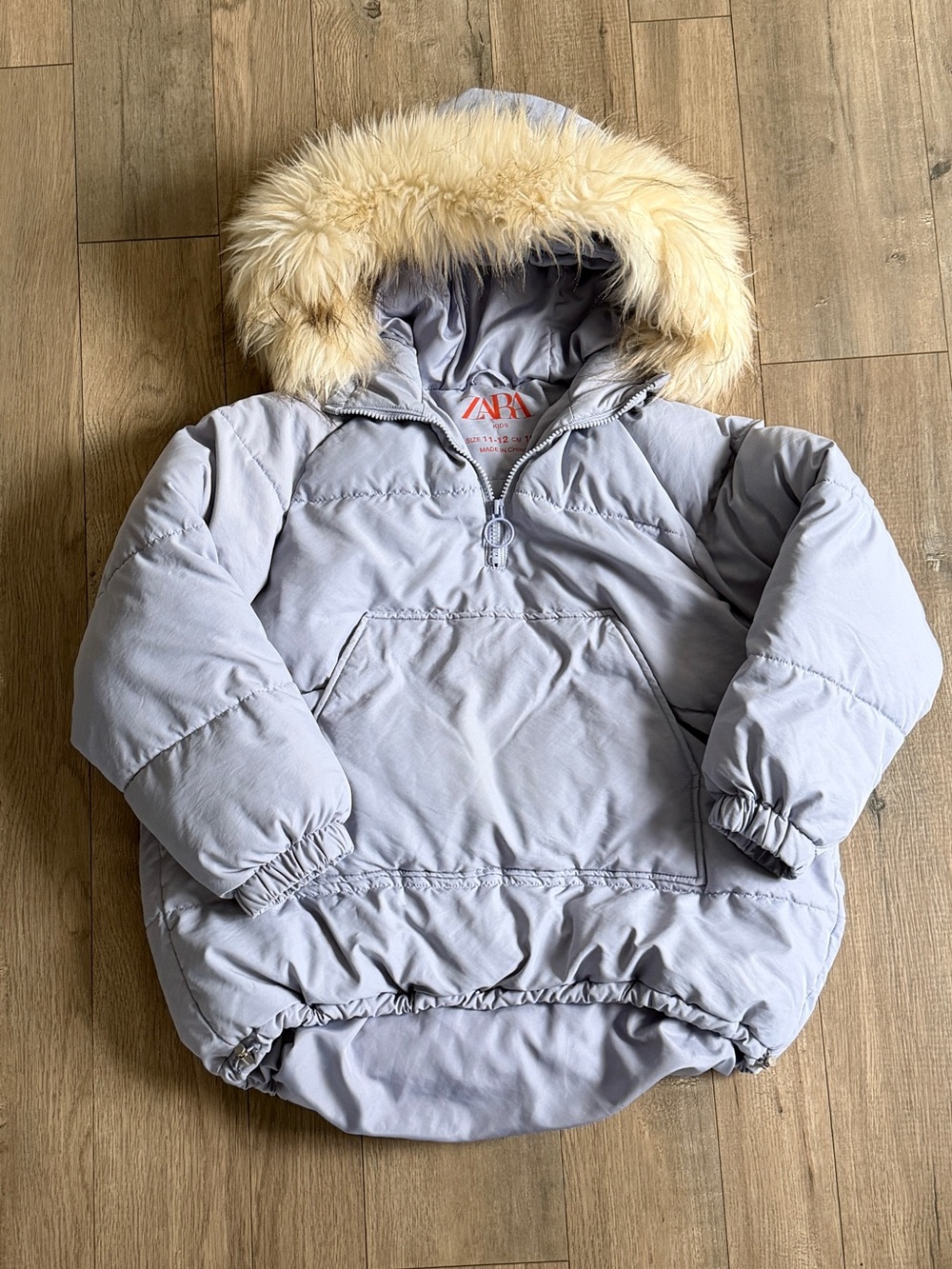 ZARA Kids Pale Purple Pillow Puffer Jacket with Faux Fur Hood Size 11/12